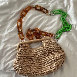 Woven Straw Bag with Green and Brown Chain